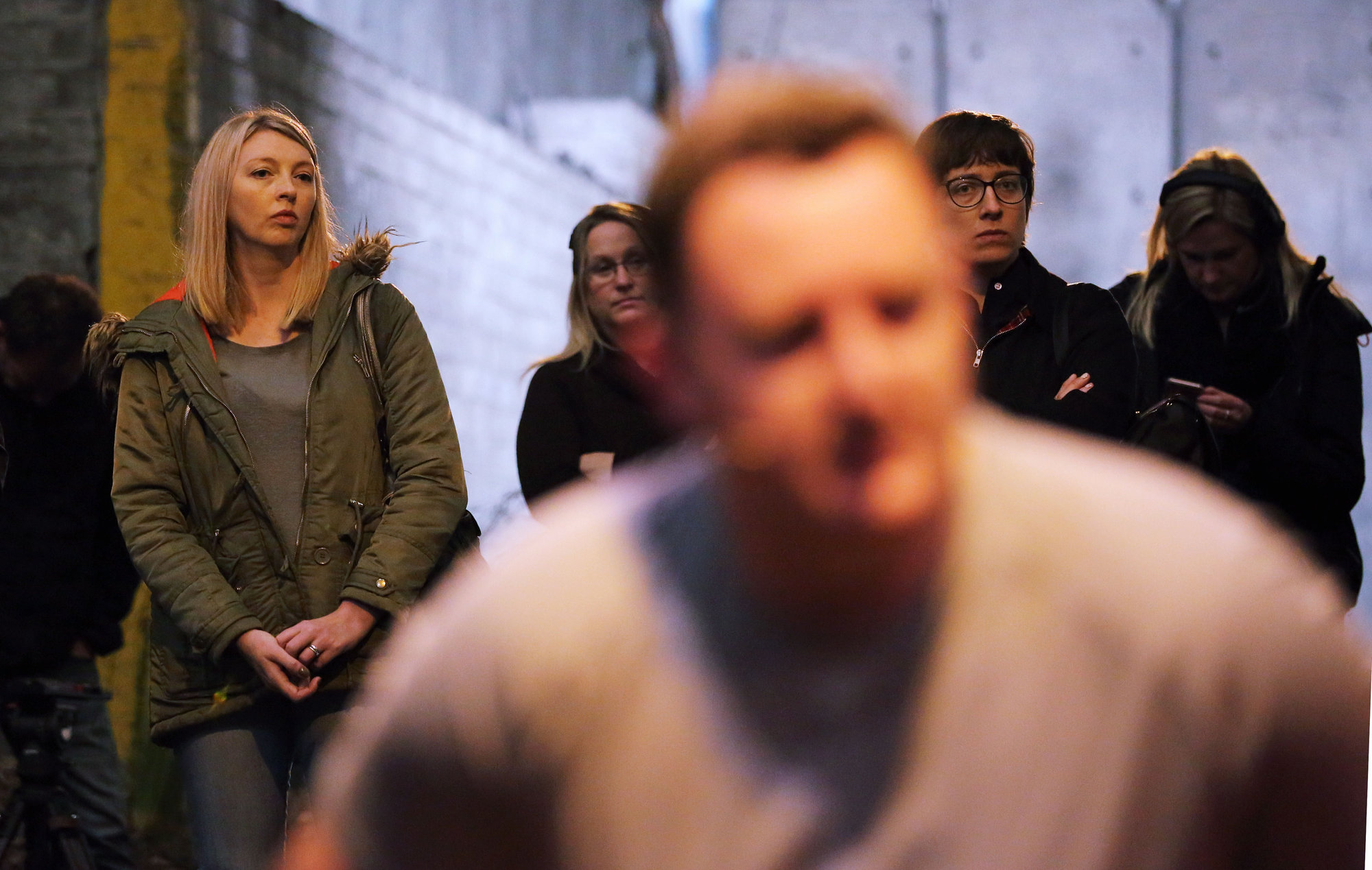 Pictured: Writer Rachel Trezise (L) Re: Press rehearsal of "We'Re Still Here", a play created by Rachel Trezise, Common Wealth and the National Theatre Wales about steelworkers, which will be performed in Byass Works, a disused industrial unit, in Port Talbot, south Wales, UK.