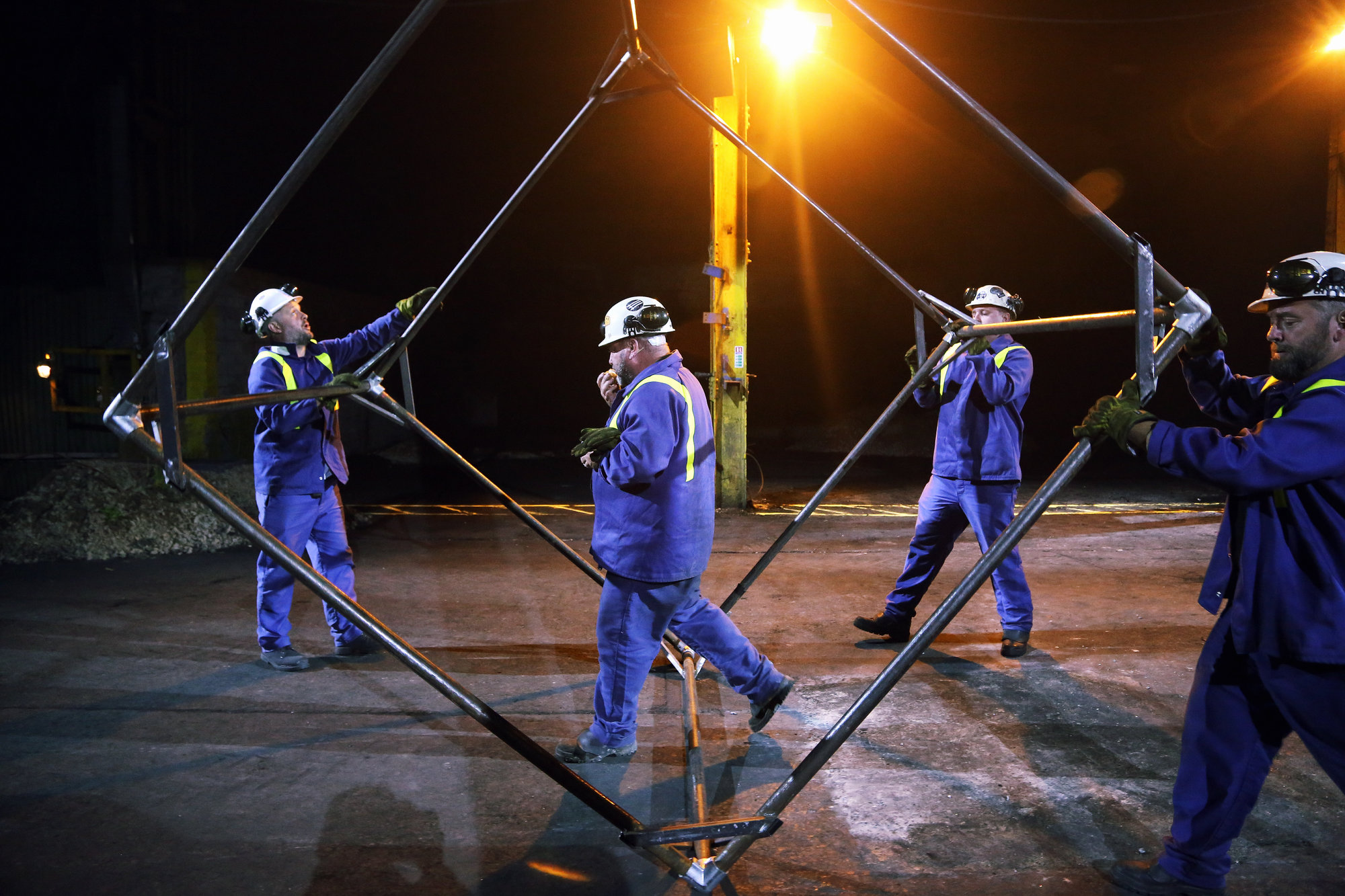 Pictured: Re: Dress rehearsal of "We'Re Still Here", a play created by Rachel Trezise, Common Wealth and the National Theatre Wales about steelworkers, which will be performed in Byass Works, a disused industrial unit, in Port Talbot, south Wales, UK.