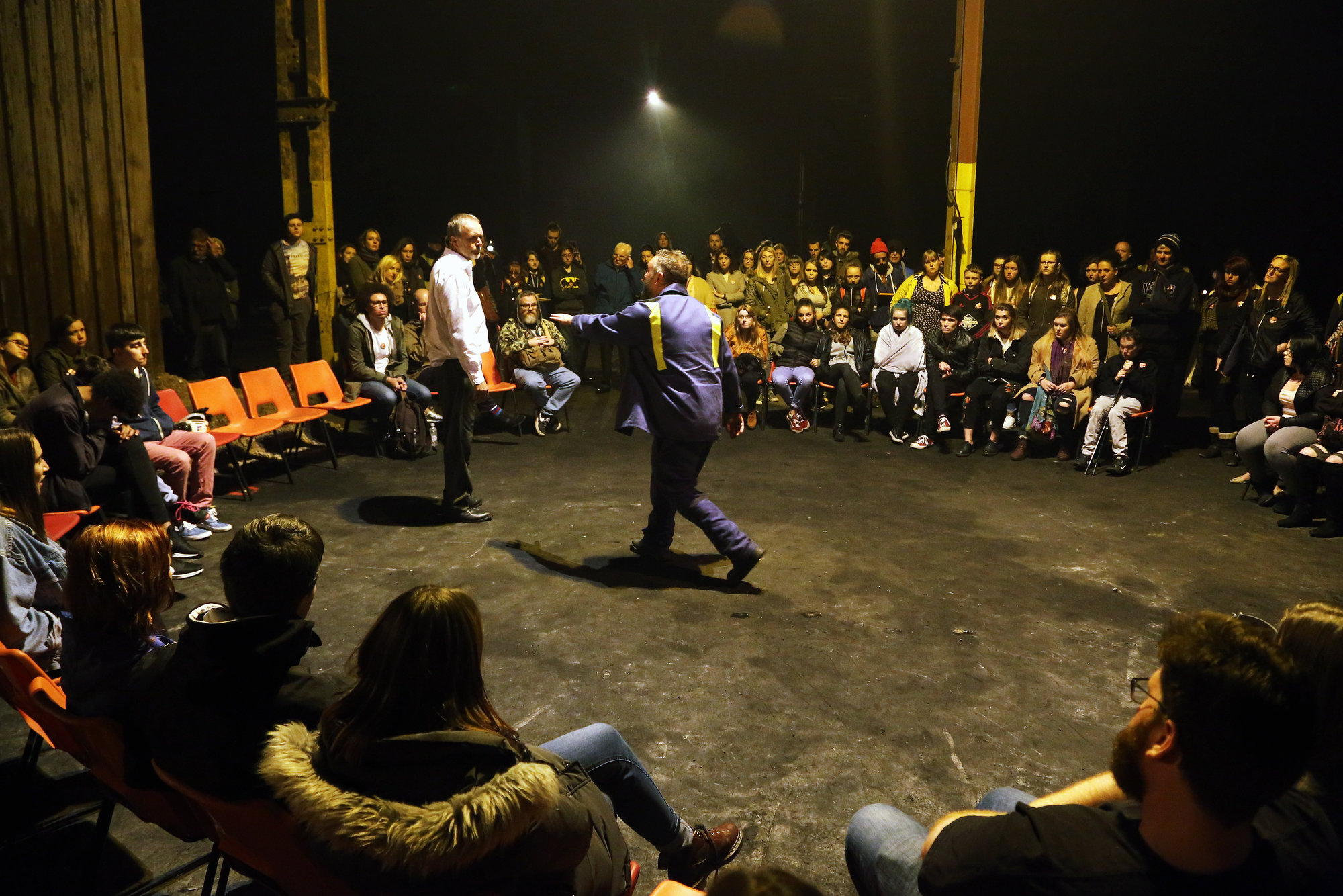 Pictured: Re: Dress rehearsal of "We'Re Still Here", a play created by Rachel Trezise, Common Wealth and the National Theatre Wales about steelworkers, which will be performed in Byass Works, a disused industrial unit, in Port Talbot, south Wales, UK.