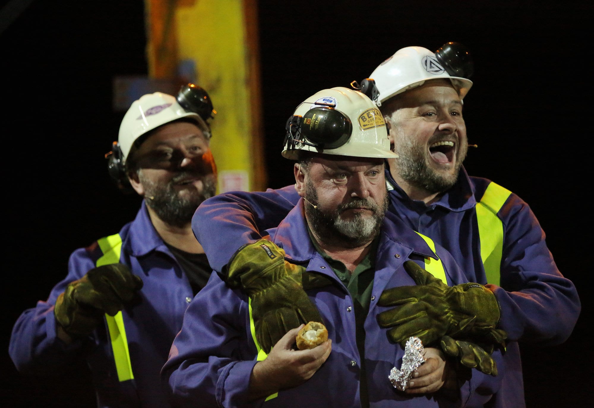 Pictured: Re: Dress rehearsal of "We'Re Still Here", a play created by Rachel Trezise, Common Wealth and the National Theatre Wales about steelworkers, which will be performed in Byass Works, a disused industrial unit, in Port Talbot, south Wales, UK.