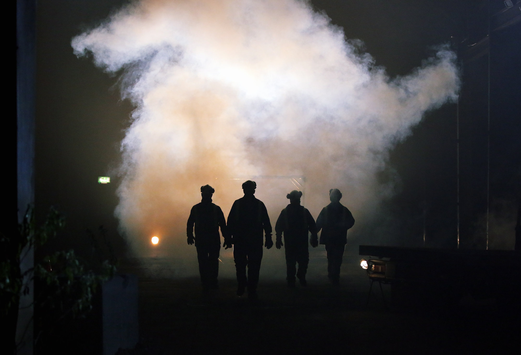 Pictured: Re: Dress rehearsal of "We'Re Still Here", a play created by Rachel Trezise, Common Wealth and the National Theatre Wales about steelworkers, which will be performed in Byass Works, a disused industrial unit, in Port Talbot, south Wales, UK.