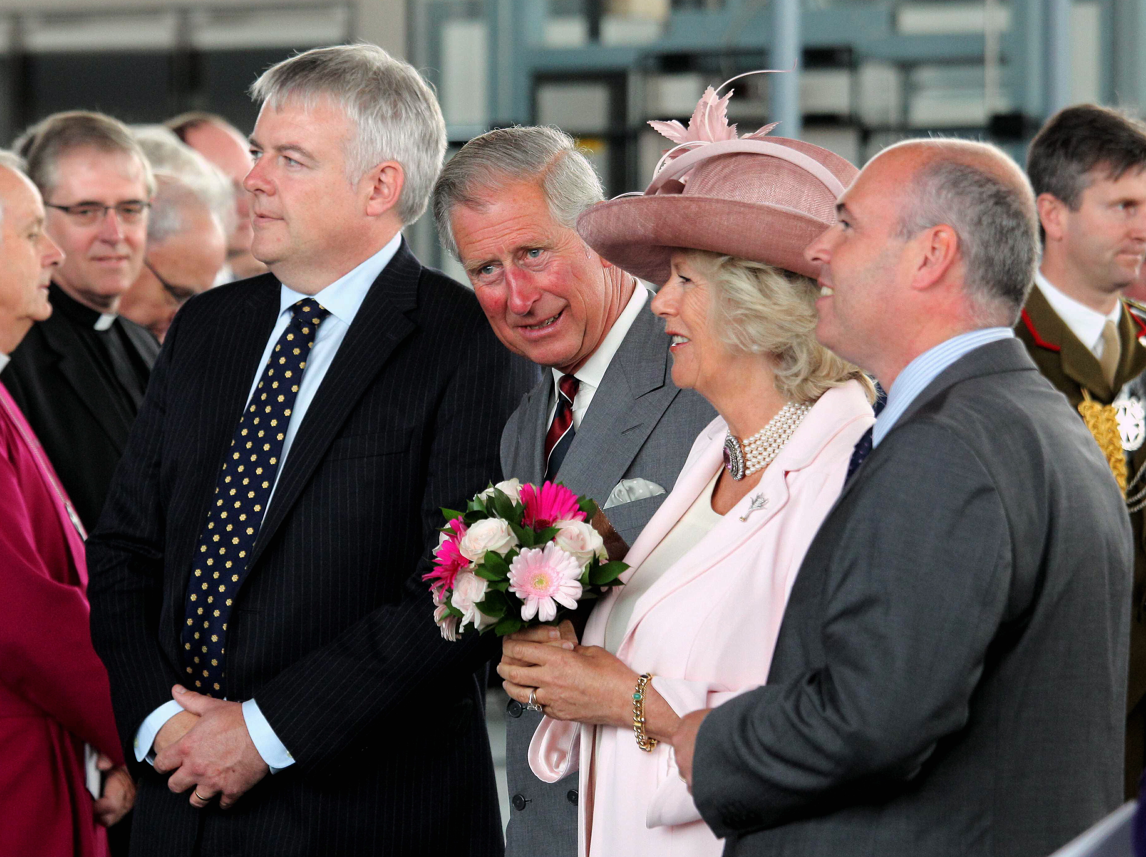 Pictured L-R: First Minister for Wales Carwyn Jones with Prince Charles and Camilla, the Duchess of Cornwall. Re: HRH The Queen Elizabeth accompanied by her husband, Philip, The Duke of Edinburgh and Charles The Prince of Wales and his wife Camilla, The Duchess of Cornwall, visiting the Welsh Assembly Parliament in Cardiff Bay. Tuesday 07 June 2011