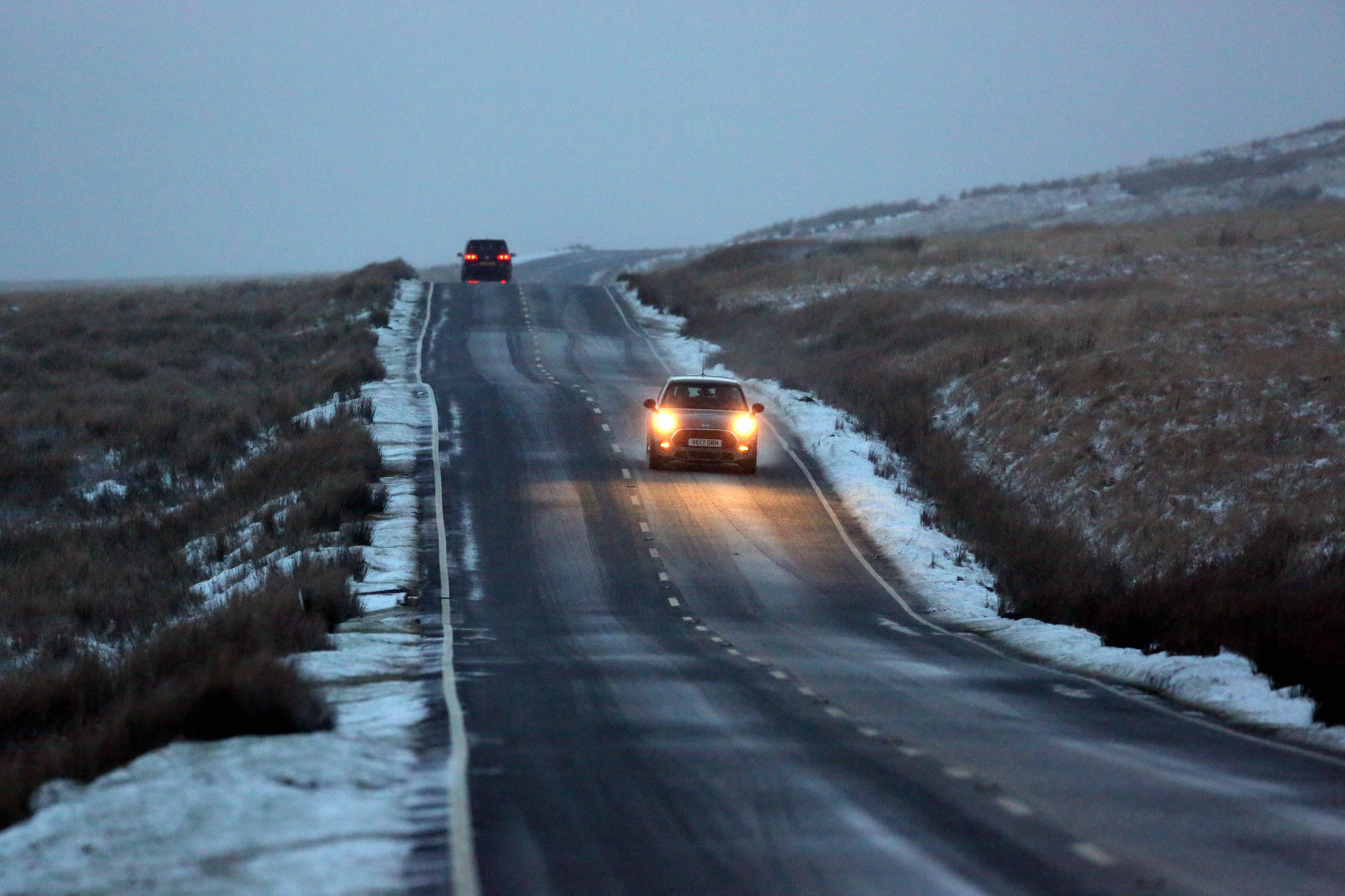 WEATHER PICTURE WALES Pictured: A car travels on the A4059 in the Brecon Beacons, south Wales, UK. Friday 08 December 2017 Re: Snow and ice has been forecast for parts of the UK.